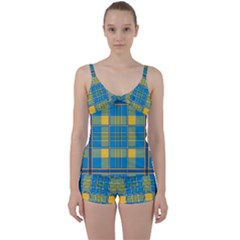 Plaid Tartan Scottish Blue Yellow Tie Front Two Piece Tankini by Nexatart