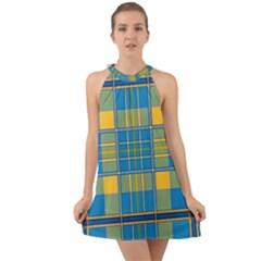 Plaid Tartan Scottish Blue Yellow Halter Tie Back Chiffon Dress by Nexatart