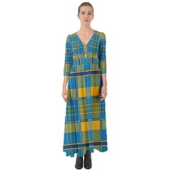 Plaid Tartan Scottish Blue Yellow Button Up Boho Maxi Dress