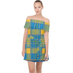 Plaid Tartan Scottish Blue Yellow Off Shoulder Chiffon Dress by Nexatart