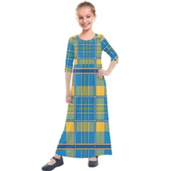 Plaid Tartan Scottish Blue Yellow Kids  Quarter Sleeve Maxi Dress