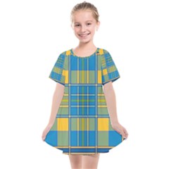 Plaid Tartan Scottish Blue Yellow Kids  Smock Dress by Nexatart