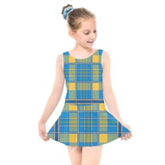 Plaid Tartan Scottish Blue Yellow Kids  Skater Dress Swimsuit