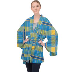 Plaid Tartan Scottish Blue Yellow Velvet Kimono Robe