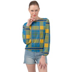 Plaid Tartan Scottish Blue Yellow Banded Bottom Chiffon Top