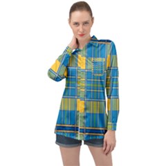 Plaid Tartan Scottish Blue Yellow Long Sleeve Satin Shirt