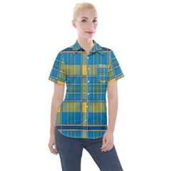 Plaid Tartan Scottish Blue Yellow Women s Short Sleeve Pocket Shirt