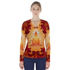 Buddah With Light Effect V-neck Long Sleeve Top by FantasyWorld7