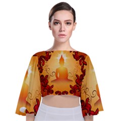 Buddah With Light Effect Tie Back Butterfly Sleeve Chiffon Top by FantasyWorld7