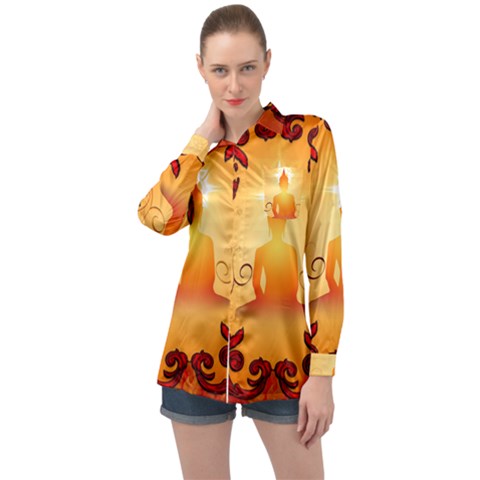 Buddah With Light Effect Long Sleeve Satin Shirt by FantasyWorld7