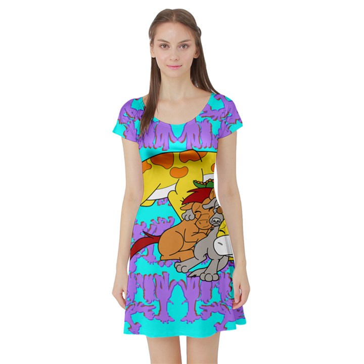 Blue Squad Together Print Short Sleeve Skater Dress