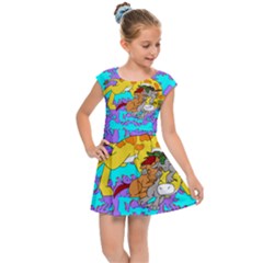 Blue Squad Together Print Kids  Cap Sleeve Dress by AuroraMountainFashion