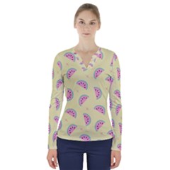 Watermelon Wallpapers  Creative Illustration And Pattern V-neck Long Sleeve Top by BangZart