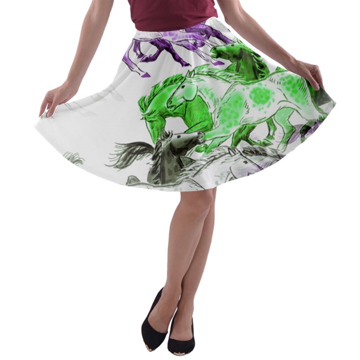 Horse Animal World Green A-line Skater Skirt