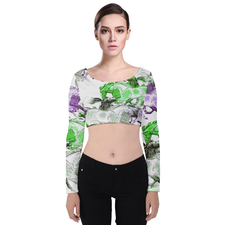 Horse Animal World Green Velvet Long Sleeve Crop Top