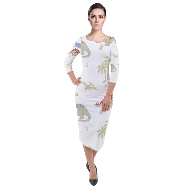 Dinosaur animal Art Pattern Quarter Sleeve Midi Velour Bodycon Dress