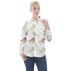 Dinosaur Animal Art Pattern Women s Long Sleeve Pocket Shirt