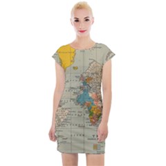 World Map Vintage Cap Sleeve Bodycon Dress