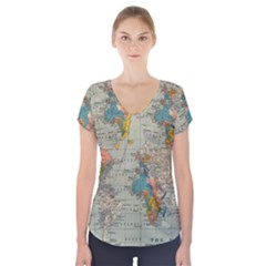 World Map Vintage Short Sleeve Front Detail Top