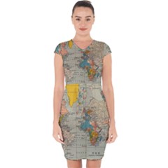 World Map Vintage Capsleeve Drawstring Dress 