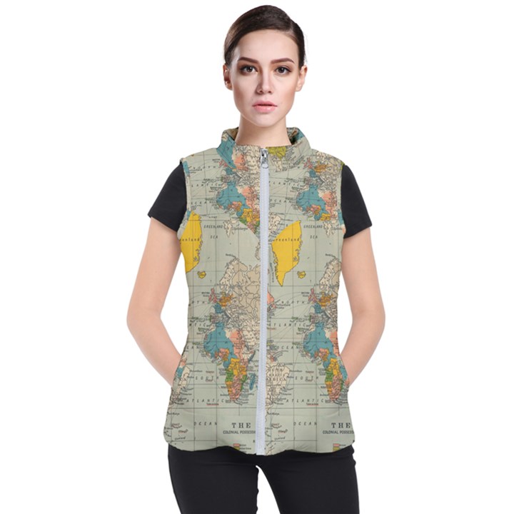 World Map Vintage Women s Puffer Vest