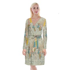 World Map Vintage Long Sleeve Velvet Front Wrap Dress