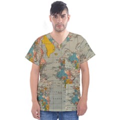 World Map Vintage Men s V-neck Scrub Top