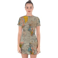 World Map Vintage Drop Hem Mini Chiffon Dress