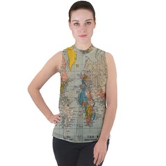 World Map Vintage Mock Neck Chiffon Sleeveless Top