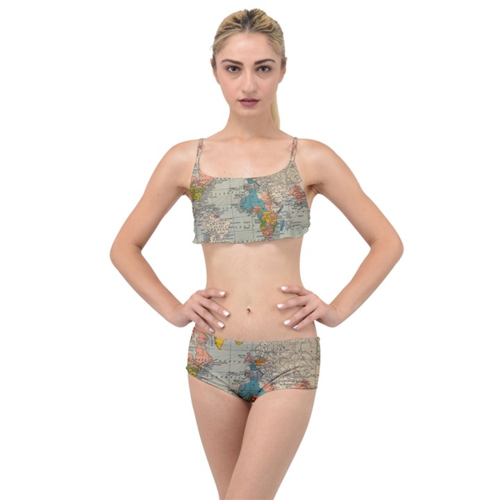 World Map Vintage Layered Top Bikini Set