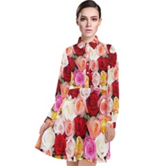 Roses Color Beautiful Flowers Long Sleeve Chiffon Shirt Dress by BangZart