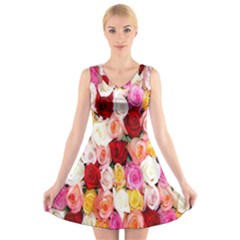 Roses Color Beautiful Flowers V-neck Sleeveless Dress