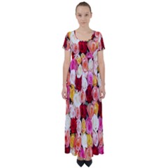 Roses Color Beautiful Flowers High Waist Short Sleeve Maxi Dress