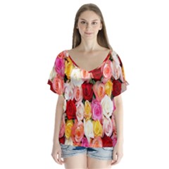 Roses Color Beautiful Flowers V-neck Flutter Sleeve Top