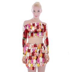 Roses Color Beautiful Flowers Off Shoulder Top With Mini Skirt Set