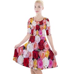 Roses Color Beautiful Flowers Quarter Sleeve A-line Dress