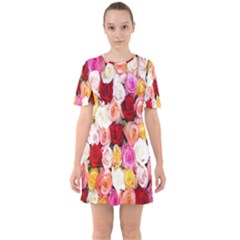 Roses Color Beautiful Flowers Sixties Short Sleeve Mini Dress