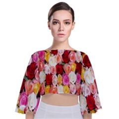 Roses Color Beautiful Flowers Tie Back Butterfly Sleeve Chiffon Top