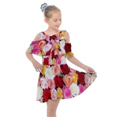 Roses Color Beautiful Flowers Kids  Shoulder Cutout Chiffon Dress