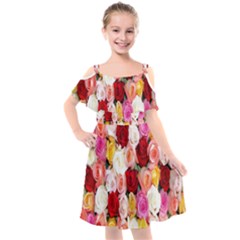 Roses Color Beautiful Flowers Kids  Cut Out Shoulders Chiffon Dress