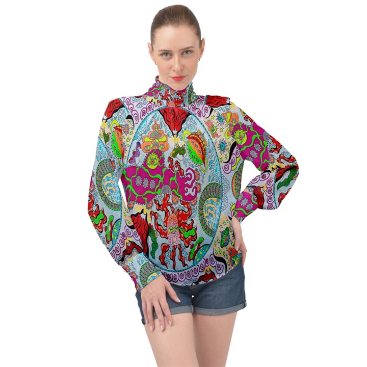 Supersonic volcanic splash High Neck Long Sleeve Chiffon Top