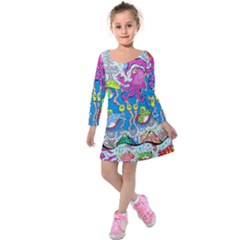 Supersonic Volcanic Fish Sonar Submarine Kids  Long Sleeve Velvet Dress by chellerayartisans