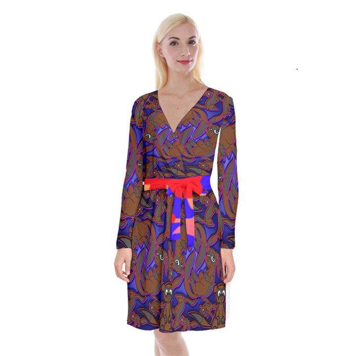 Roy Print Long Sleeve Velvet Front Wrap Dress