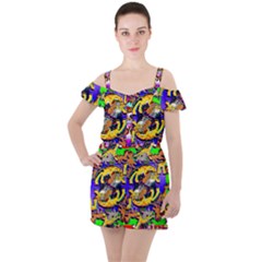 Rainbow Dragon Squad Print Ruffle Cut Out Chiffon Playsuit by AuroraMountainFashion