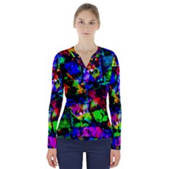 Multicolored Abstract Print V-neck Long Sleeve Top by dflcprintsclothing