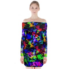 Multicolored Abstract Print Long Sleeve Off Shoulder Dress by dflcprintsclothing