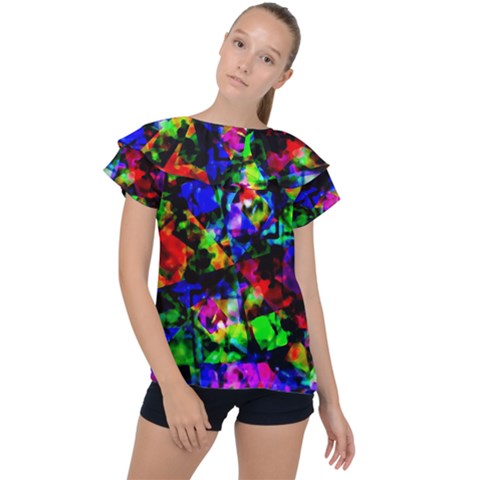 Multicolored Abstract Print Ruffle Collar Chiffon Blouse by dflcprintsclothing