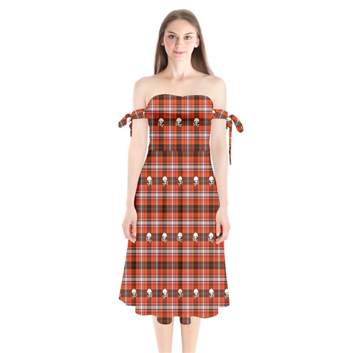 Plaid - red with skulls Shoulder Tie Bardot Midi Dress