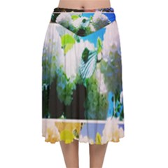 Bright Snowball Branch Collage (iii) Velvet Flared Midi Skirt by okhismakingart