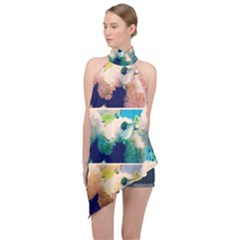 Washed Out Snowball Branch Collage (iv) Halter Asymmetric Satin Top by okhismakingart